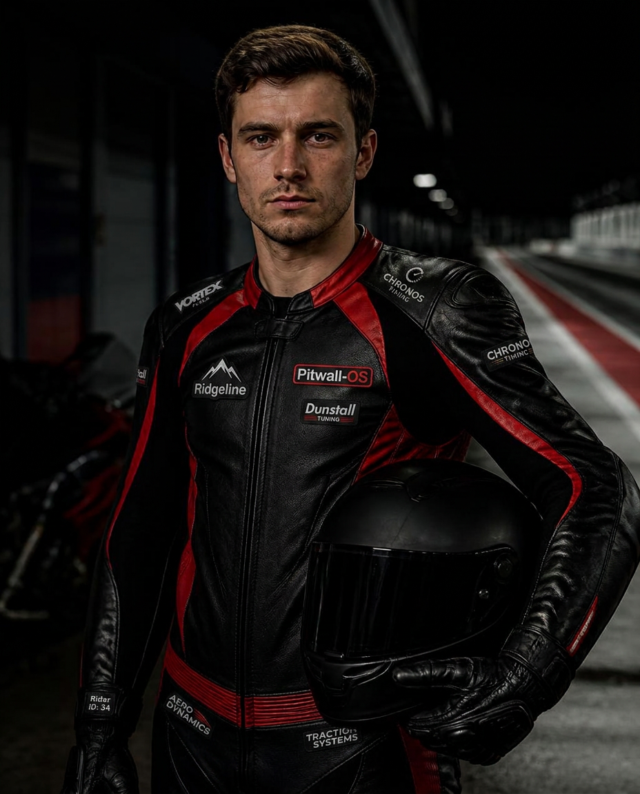 Ethan Vale in black race leathers holding his helmet in the pit lane