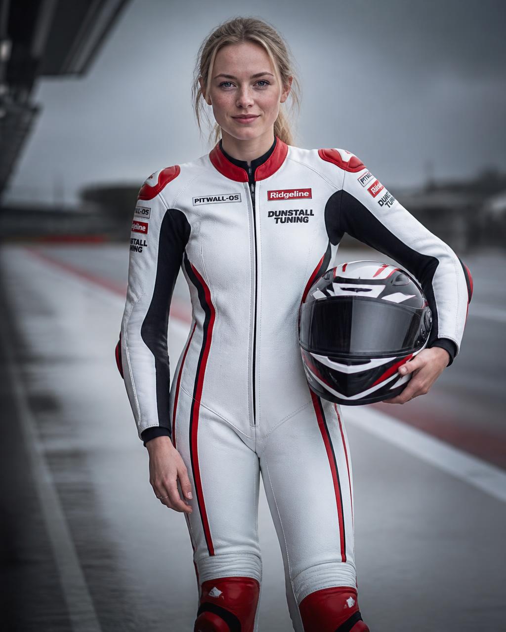 Mia Harrington in white race leathers holding her helmet in the pit lane
