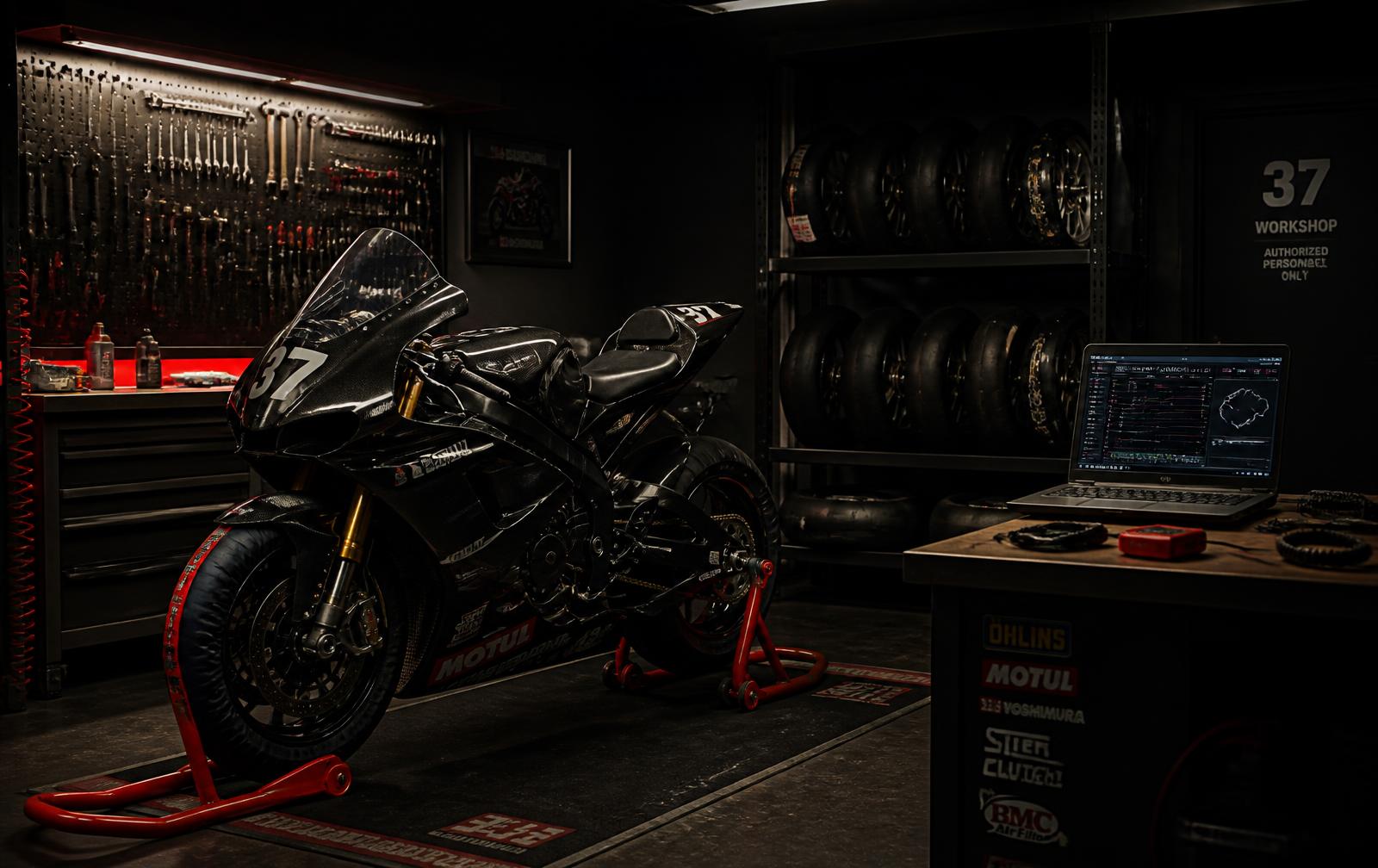 Ridgeline Racing workshop with a Superbike on stands, tool boards and wheel racks
